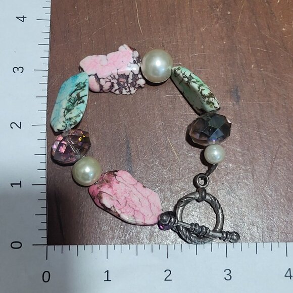 Double Strand Necklace Bracelet Set Double Mixed Pink Turquoise Stone Beads Cros - Picture 9 of 15